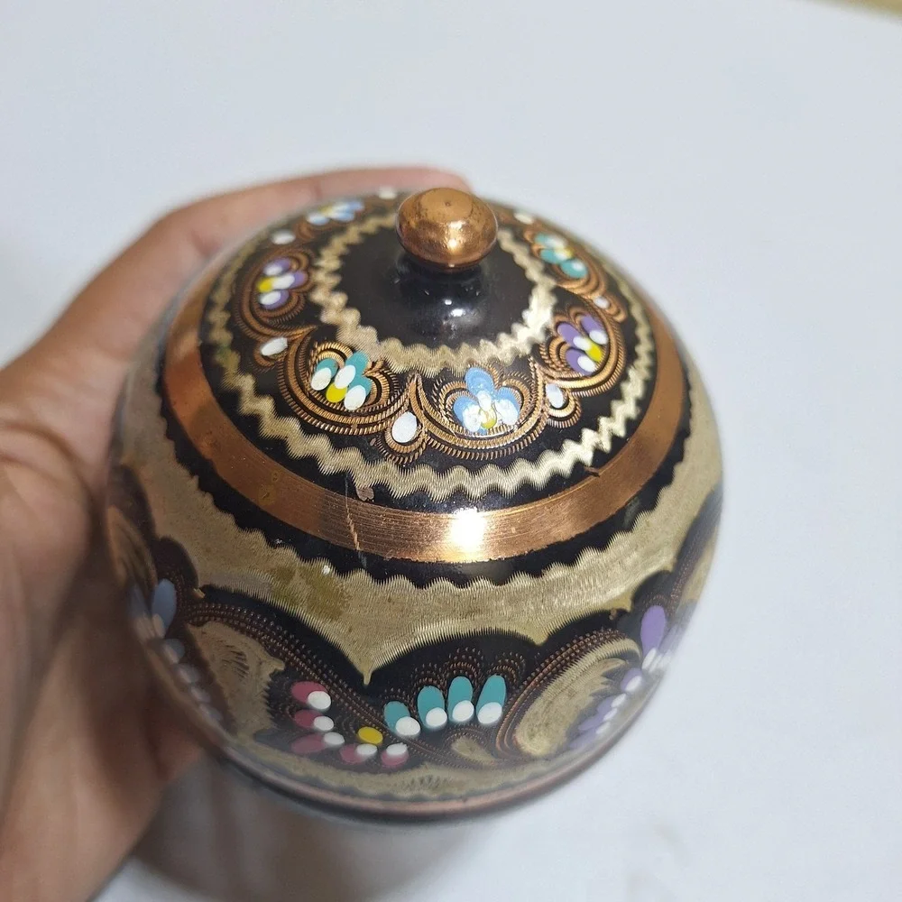 Vintage Persian Turkish Hand Painted Copper Sugar Bowl Lidded Trinket Box Enamel